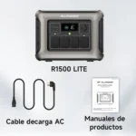 Desembalaje completo de la caja original de la ALLPOWERS R1500 Lite mostrando la estación de energía de 1056Wh, el cable de corriente alterna y el manual de instrucciones.