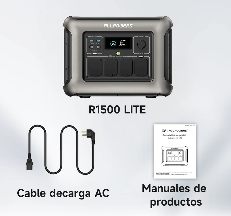 allpowers-r1500-lite-contenido-caja-desembalaje Desembalaje completo de la caja original de la ALLPOWERS R1500 Lite mostrando la estación de energía de 1056Wh, el cable de corriente alterna y el manual de instrucciones.