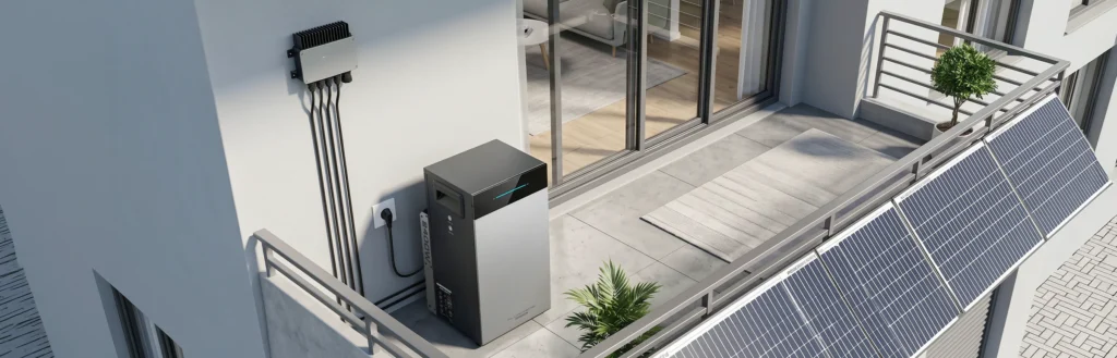 allpowers-bs5000-pro-kit-solar-balcon-2000w Batería de almacenamiento Allpowers BS5000 Pro instalada en una vivienda exterior, conectada a paneles solares aprovechando su doble entrada MPPT de 2000W.