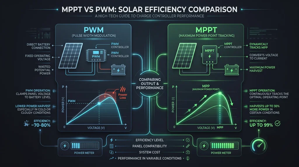 Gráfico comparativo de la curva de potencia y eficiencia entre reguladores solares MPPT y PWM