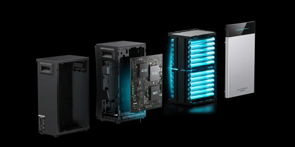 arquitectura-interna-componentes-todo-en-uno-allpowers-bs5000-pro Vista explosionada en 3D del chasis modular de la Allpowers BS5000 Pro mostrando el pack masivo de celdas LiFePO4 semisólidas de 5.2 kWh y el inversor.