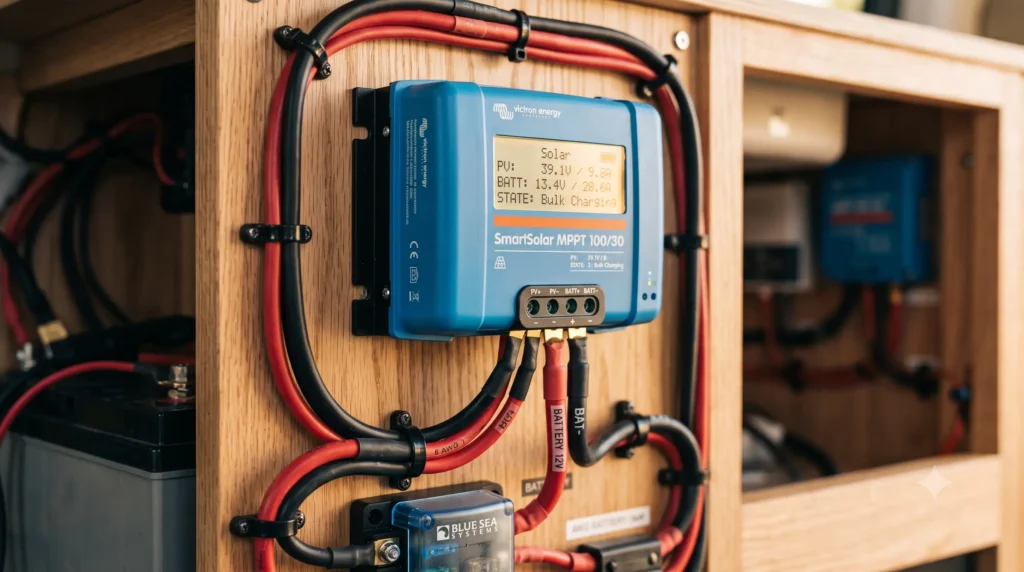 Regulador MPPT solar instalado en el cuadro eléctrico de madera de una furgoneta camper