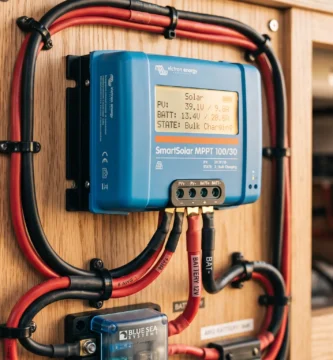Regulador MPPT solar instalado en el cuadro eléctrico de madera de una furgoneta camper