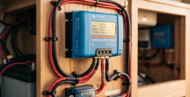 Regulador MPPT solar instalado en el cuadro eléctrico de madera de una furgoneta camper