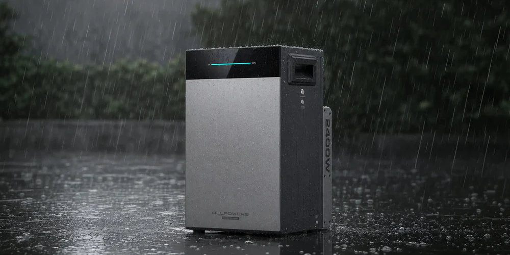 allpowers-bs5000-pro-resistencia-lluvia-ip65 Batería residencial Allpowers BS5000 Pro funcionando bajo una tormenta y lluvia intensa en exteriores gracias a su certificación de estanqueidad IP65.