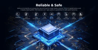 Esquema técnico de un circuito integrado BMS de batería con iconos de protección contra sobrecarga, cortocircuito, voltaje y temperatura.