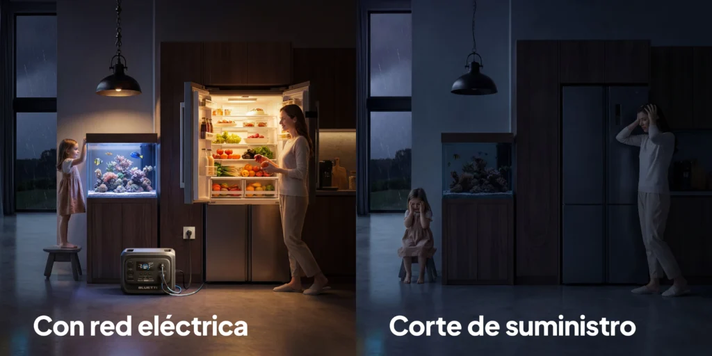 Comparativa visual de un hogar alimentado por una estación de energía con función UPS frente a un corte de suministro eléctrico.