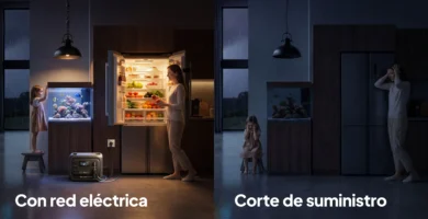 Comparativa visual de un hogar alimentado por una estación de energía con función UPS frente a un corte de suministro eléctrico.