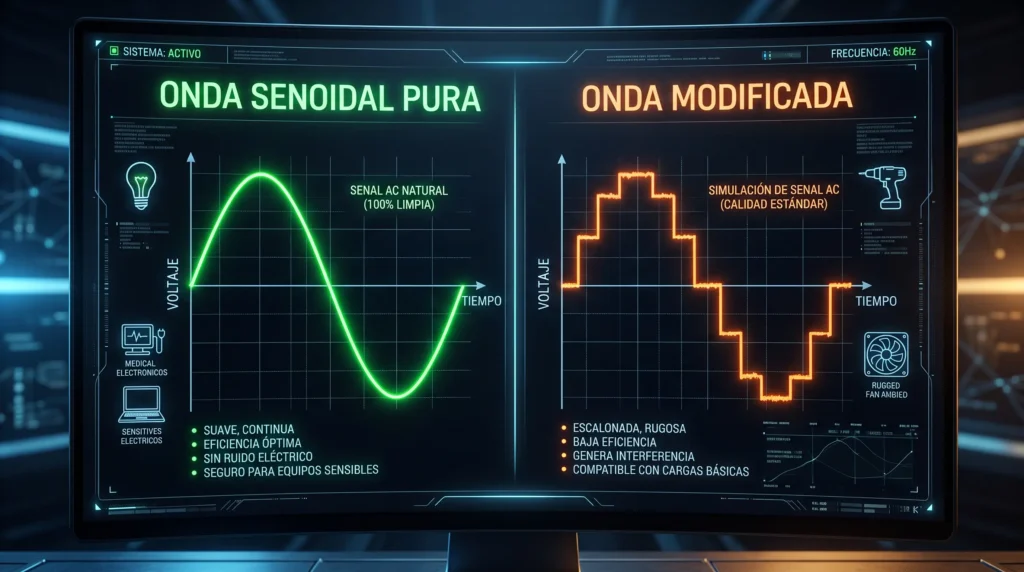 Comparativa gráfica de una onda senoidal pura frente a una onda senoidal modificada