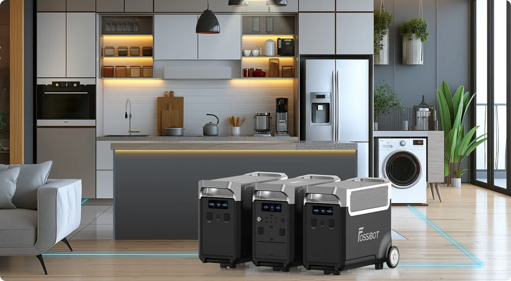 respaldo-domestico-cocina-fossibot-fb3840.webp Sistema de tres módulos FOSSiBOT F3600 Pro y FB3840 situados en la cocina de una vivienda para respaldo eléctrico.