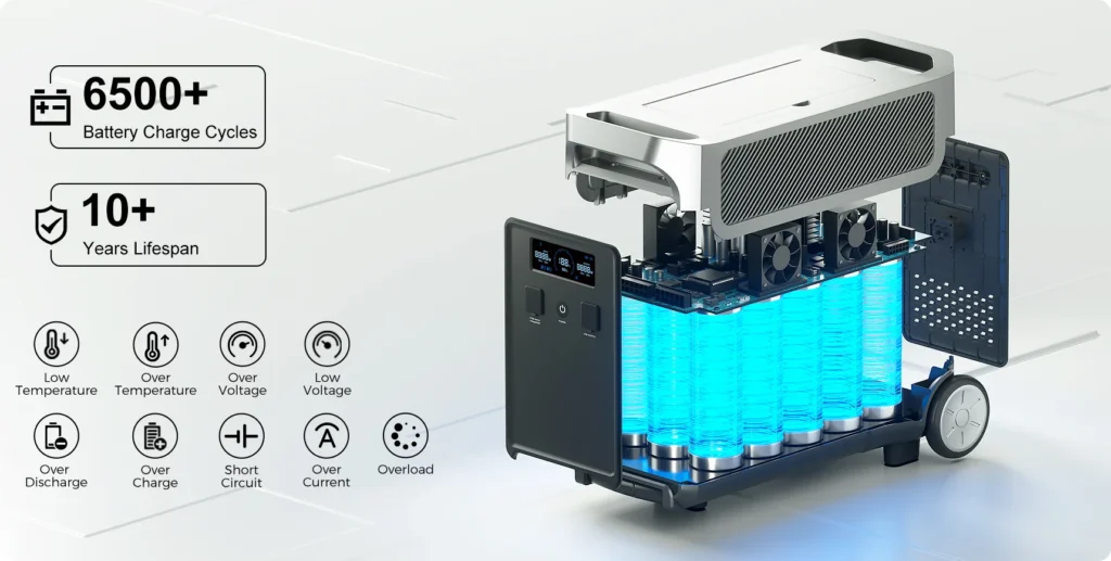 celdas-lifepo4-6500-ciclos-fb3840.webp Despiece interno de la batería FOSSiBOT FB3840 mostrando las celdas cilíndricas LiFePO4 EVE y sus sistemas de protección.