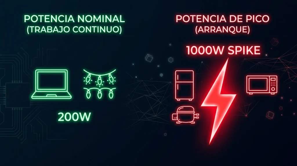 calculo-potencia-nominal-pico-arranque-inversor Infografía sobre el cálculo de potencia nominal frente a picos de arranque en un inversor de corriente