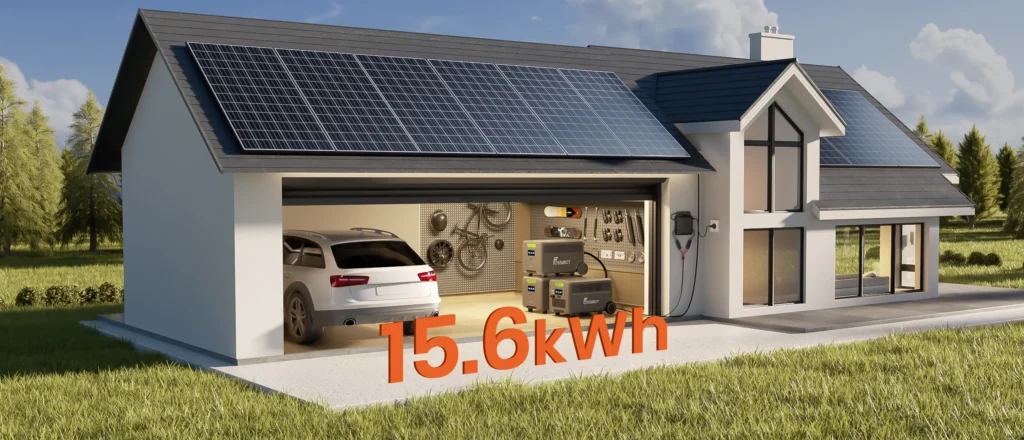 Capacidad Máxima 15,6 kWh FossiBot FB5222 Vivienda unifamiliar con tejado solar y garaje con sistema FossiBot F7200 y dos baterías FB5222 sumando 15,6 kWh