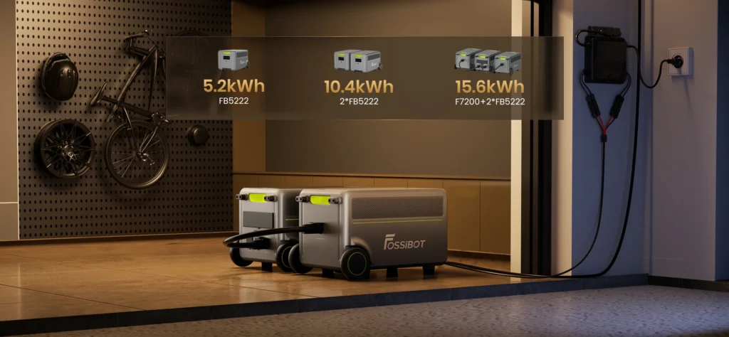 Escalabilidad FossiBot FB5222 y F7200 Módulos FossiBot FB5222 conectados en paralelo mostrando capacidades de 5,2 kWh, 10,4 kWh y 15,6 kWh