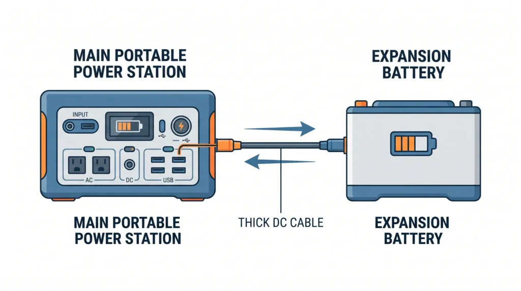 Esquema de Conexión DC de Batería de Expansión Diagrama de conexión directa por cable DC entre estación principal y batería de expansión