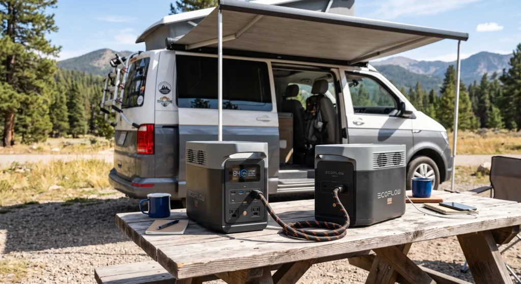 Estación de energía portátil conectada a una batería de expansión en una furgoneta camper