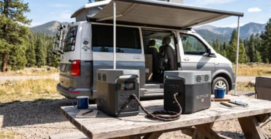 Estación de energía portátil conectada a una batería de expansión en una furgoneta camper