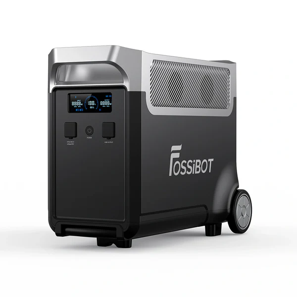 Batería de expansión FOSSiBOT FB3840 de 3.840 Wh con ruedas integradas y pantalla LCD.