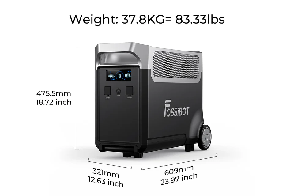 medidas-y-peso-fossibot-fb3840.webp Esquema de dimensiones de 609 x 321 x 475.5 mm y peso de 37.8 kg de la batería FOSSiBOT FB3840.