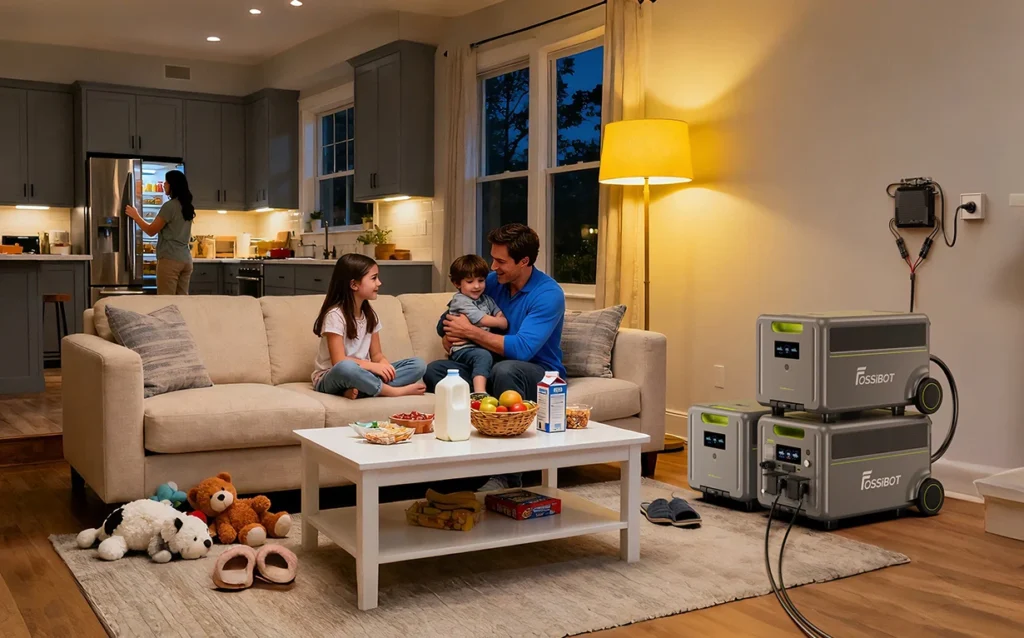 Respaldo Doméstico FossiBot FB5222 Familia en el salón alimentando frigorífico y luces con baterías FossiBot FB5222 durante un corte de luz
