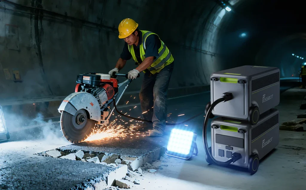 Uso Industrial en Obras FossiBot FB5222 Operario cortando hormigón en un túnel con sierra industrial alimentada por módulo FossiBot FB5222