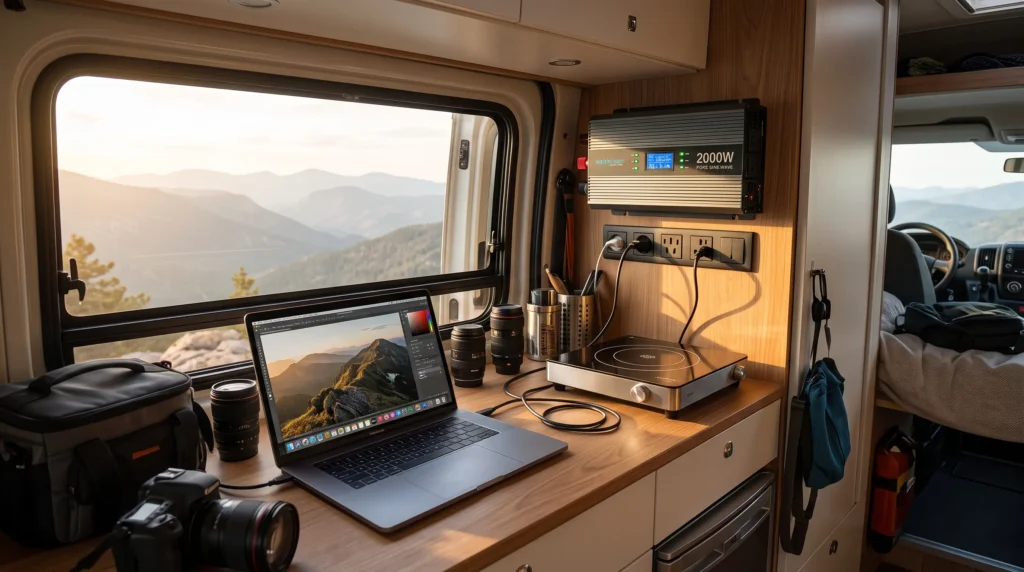 uso-inversor-onda-pura-furgoneta-camper Interior de furgoneta camper con un inversor de onda pura alimentando un portátil y una placa de inducción