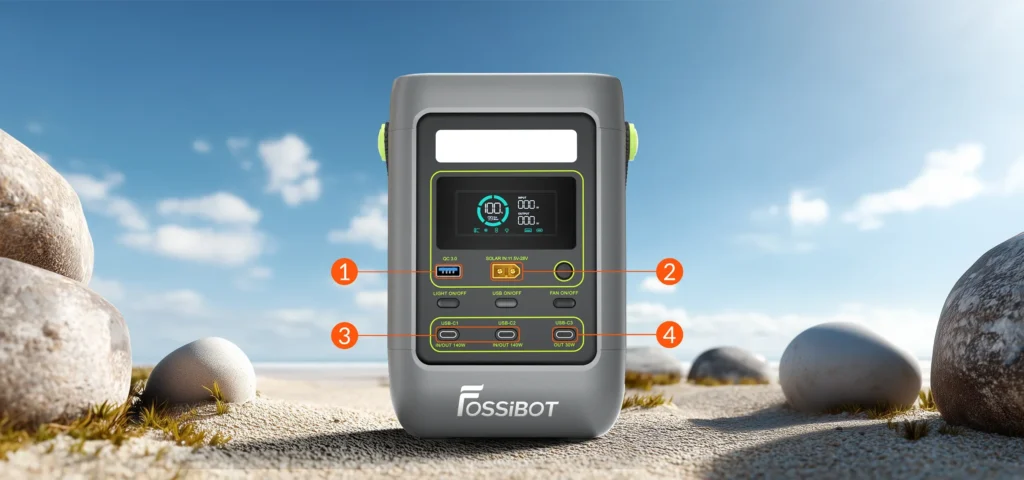 Panel frontal de la FOSSiBOT FDC300 con los 5 puertos de alimentación y botones numerados.