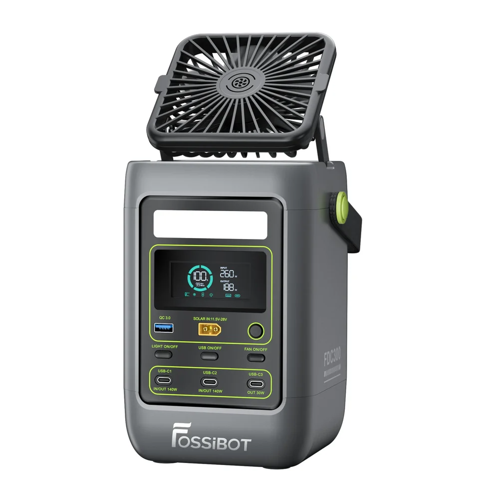 Estación de energía portátil FOSSiBOT FDC300 con ventilador plegable superior abierto y pantalla HD mostrando 260W de entrada.