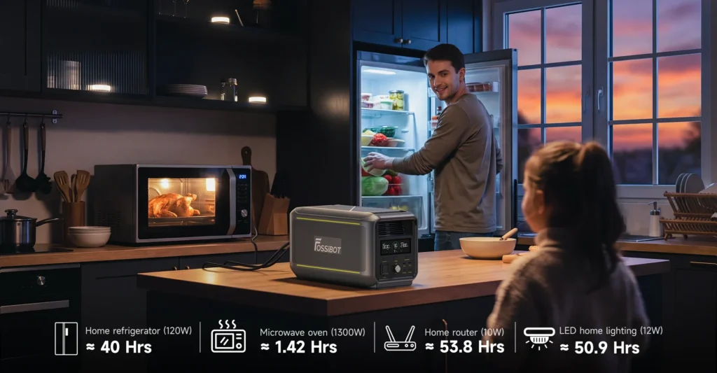 FOSSiBOT F3000 alimentando frigorífico, microondas, router y luces en la cocina durante un apagón