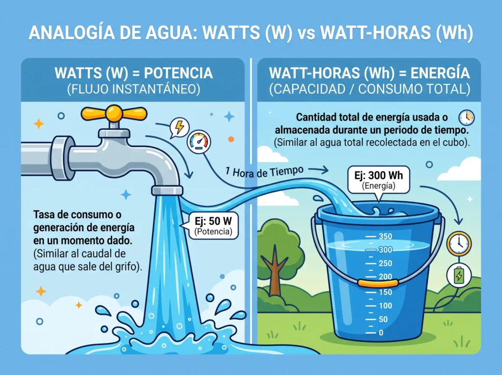 analogia-grifo-cubo-vatios-vatios-hora Diagrama vectorial que explica los Vatios como el caudal de agua y los Vatios-hora como la capacidad del cubo.