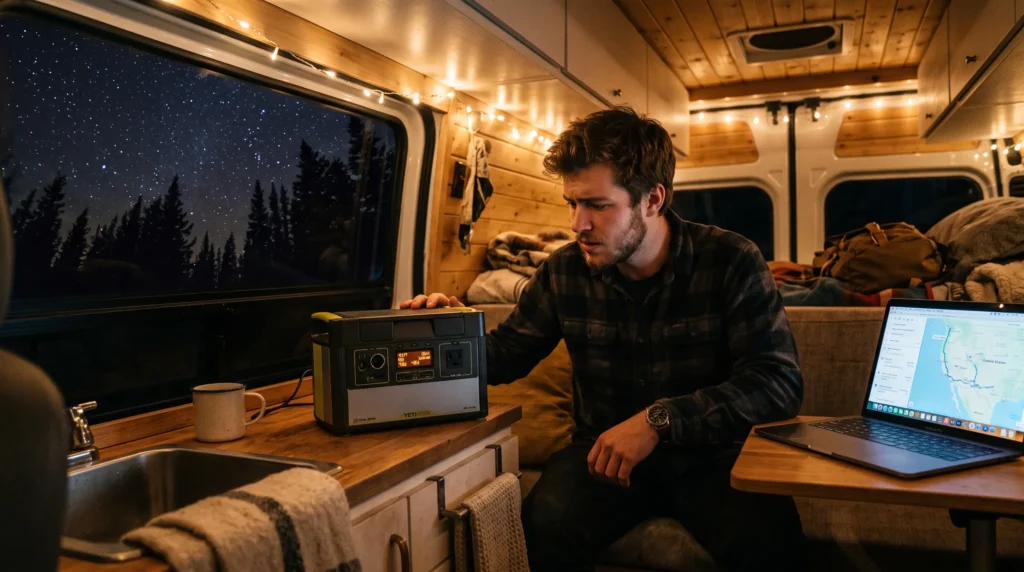 Usuario revisando el porcentaje de batería y la autonomía restante en la pantalla de una estación de energía dentro de una furgoneta camper.