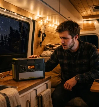 Usuario revisando el porcentaje de batería y la autonomía restante en la pantalla de una estación de energía dentro de una furgoneta camper.