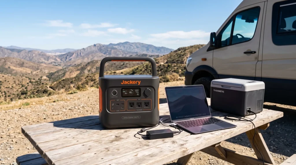 calculo-autonomia-estacion-energia-camper Estación de energía portátil en una mesa de madera de picnic junto a una camper alimentando un portátil y una nevera portátil.