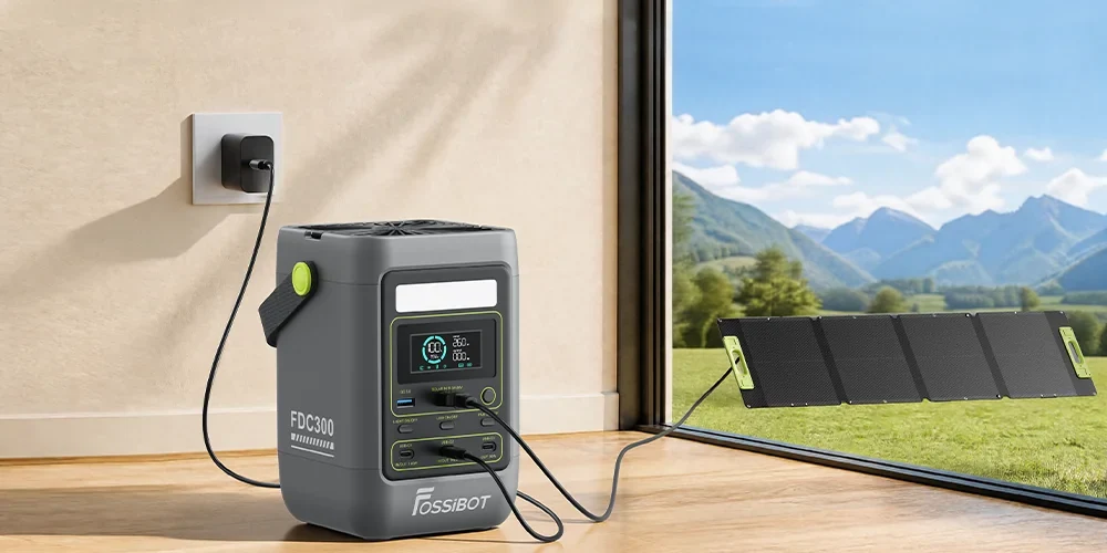 FOSSiBOT FDC300 recargándose mediante combinación de panel solar y cargador de pared USB-C a 260W.