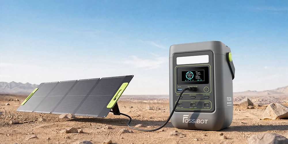 FOSSiBOT FDC300 conectada a un panel solar desplegable en un entorno desértico.