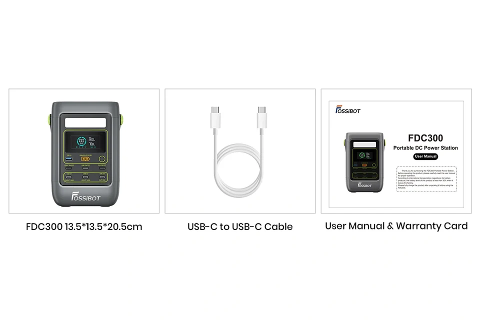 Contenido completo de la caja de la FOSSiBOT FDC300: unidad principal, cable USB-C a USB-C y manual con tarjeta de garantía.