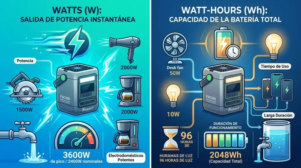 Infografía explicativa sobre la diferencia entre Vatios (W) de potencia y Vatios-hora (Wh) de capacidad en baterías.