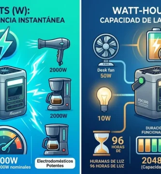 Infografía explicativa sobre la diferencia entre Vatios (W) de potencia y Vatios-hora (Wh) de capacidad en baterías.