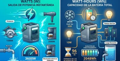 Infografía explicativa sobre la diferencia entre Vatios (W) de potencia y Vatios-hora (Wh) de capacidad en baterías.
