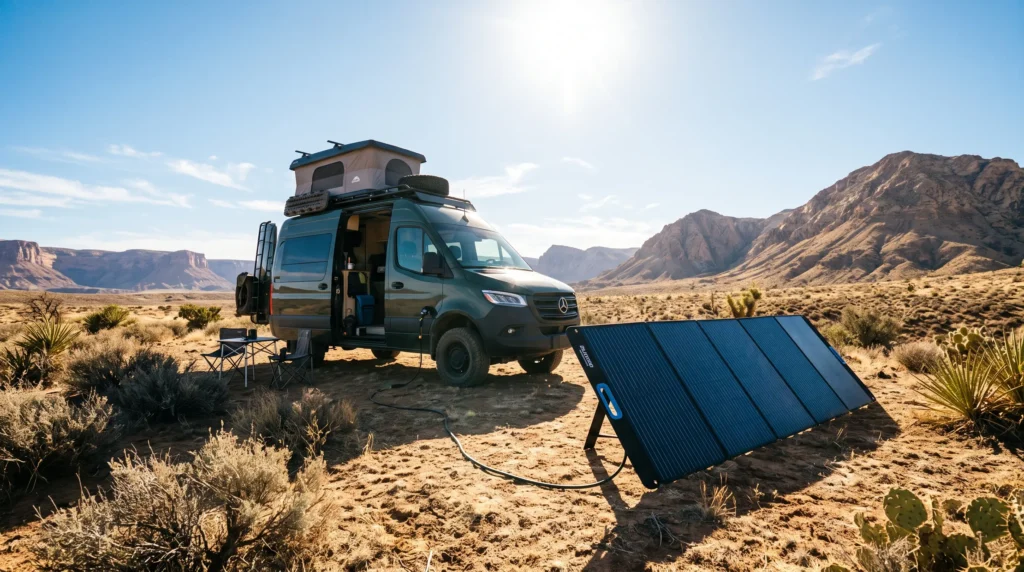 diversificar-fuentes-carga-solar.webp Panel solar portátil conectado a una furgoneta camper aparcada en la naturaleza bajo un día soleado.