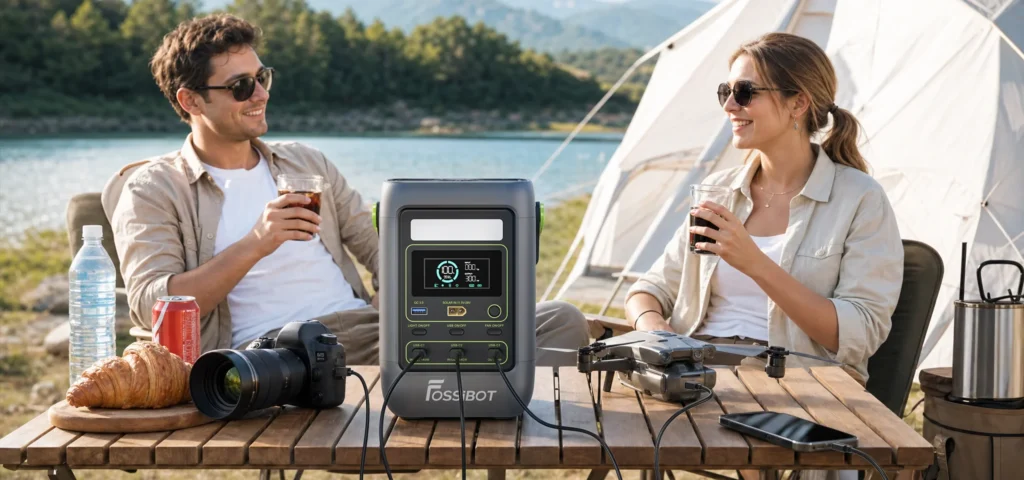 Pareja de camping junto a un lago utilizando la FOSSiBOT FDC300 para cargar varios dispositivos.