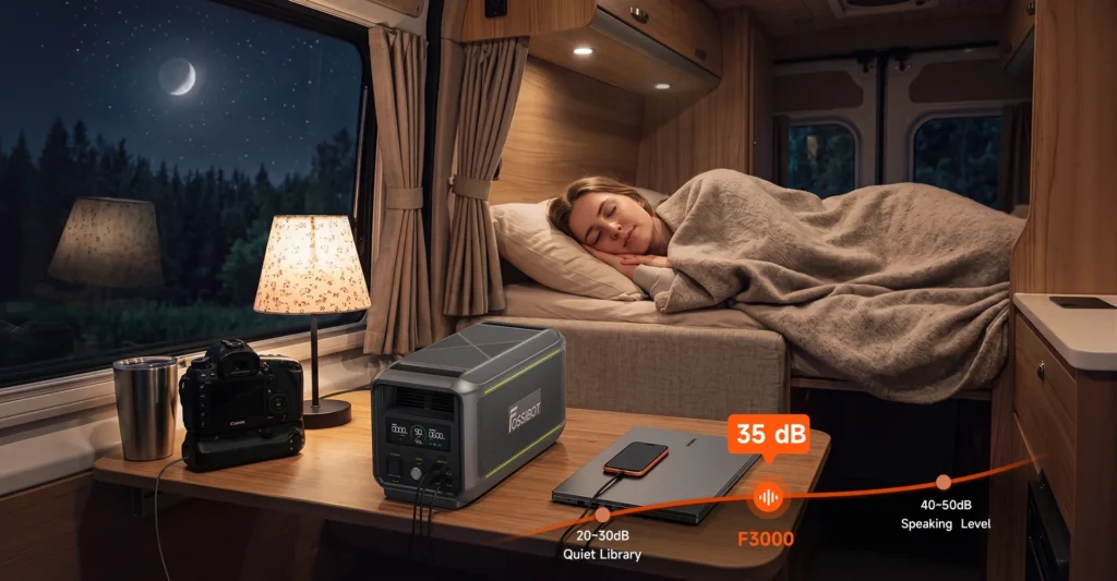 Mujer durmiendo plácidamente en una caravana de noche junto a la FOSSiBOT F3000 funcionando a 35 dB