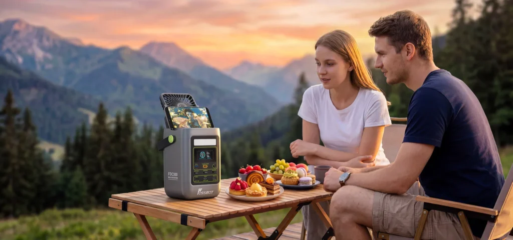 FOSSiBOT FDC300 utilizada como soporte para tablet mientras una pareja descansa en el campo.