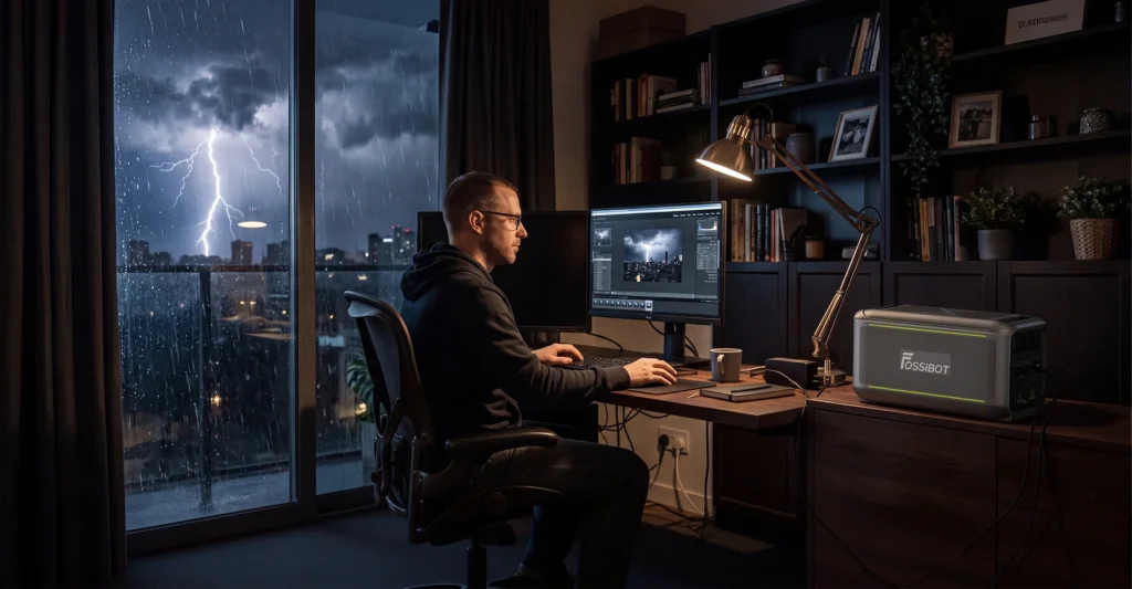 Hombre trabajando en ordenador durante una tormenta eléctrica nocturna protegido por la FOSSiBOT F3000