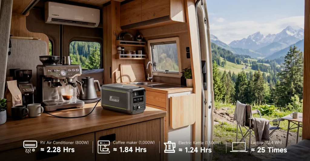 FOSSiBOT F3000 alimentando cafetera exprés y hervidor de agua en la cocina de una furgoneta camper